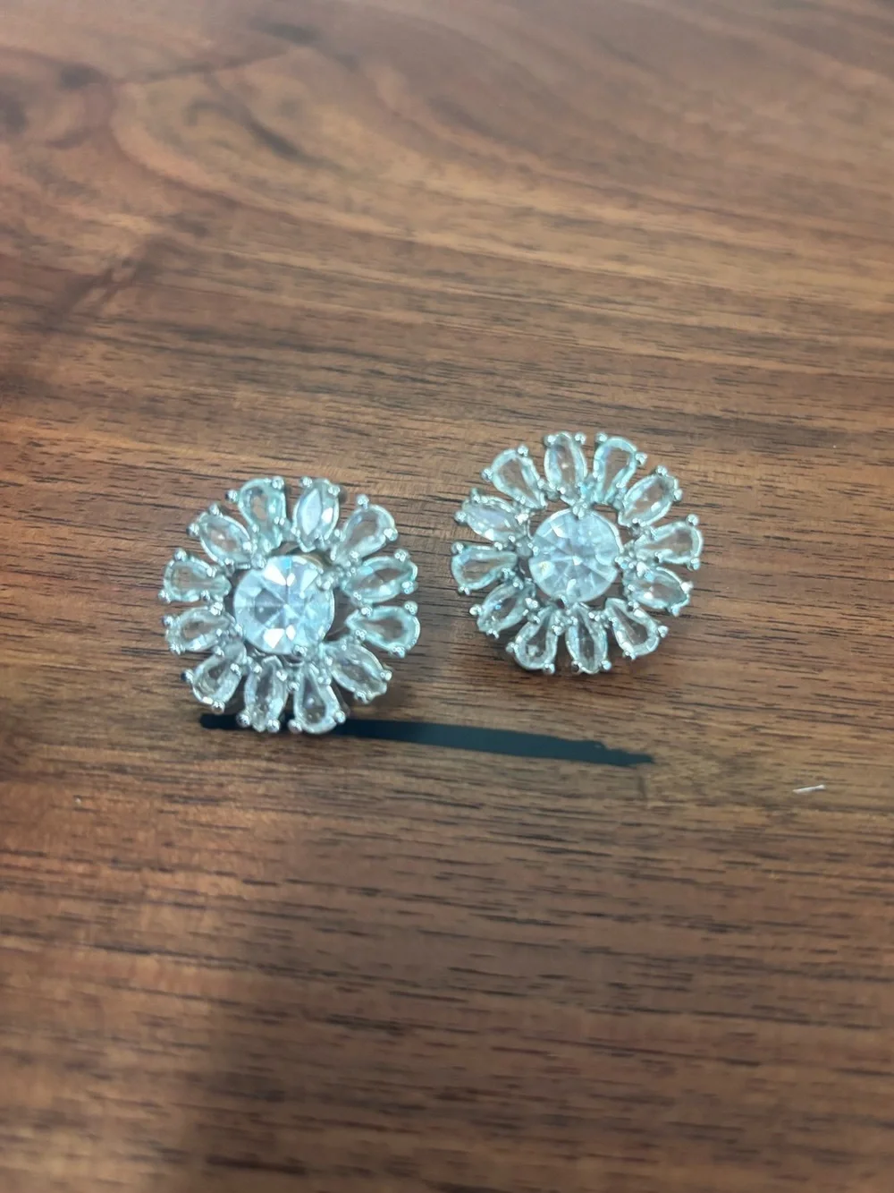Crystal Flower Stud Earrings - Silver Tone